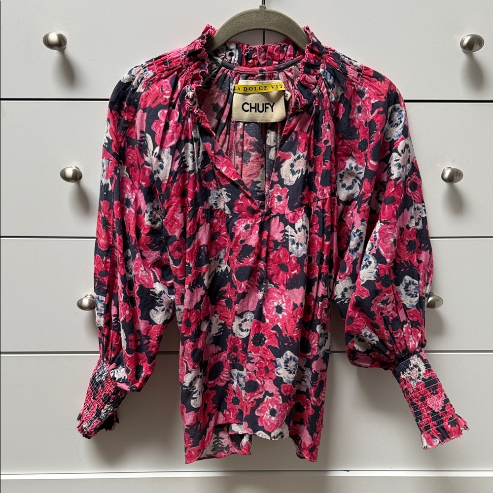 La Dolce Vita Pink and Navy Floral Blouse - XS